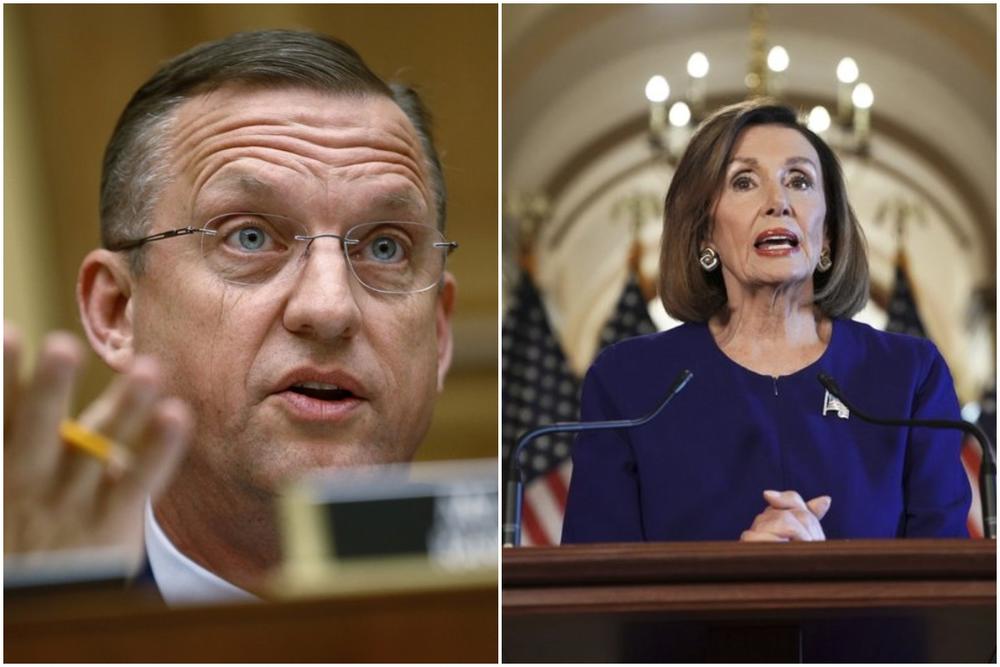 Left, Rep. Doug Collins, ranking member of the House Judiciary Committee, speaks during a hearing on Capitol Hill in Washington. Right, House Speaker Nancy Pelosi announcing a formal impeachment inquiry into President Donald Trump.