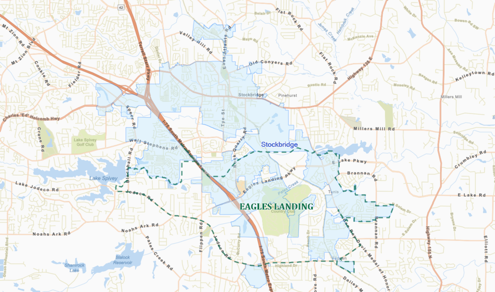 The proposed city of Eagles Landing (green outline) would require de-annexing part of the City of Stockbridge (light blue)