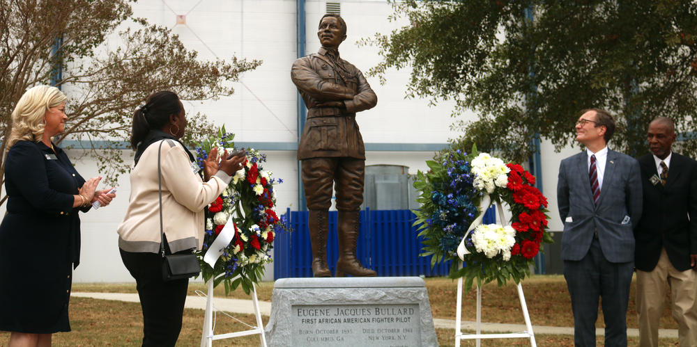 A bronze statue of Eugene J. Bullard stands atop a square of Georgia granite at the Air Force Museum of Aviation on Robins Air Force Base in Warner Robins, Georgia on Oct. 9, 2019. Bullard was the first African American fighter pilot in World War I, and the statue was unveiled on what would have been his 124th birthday. 
