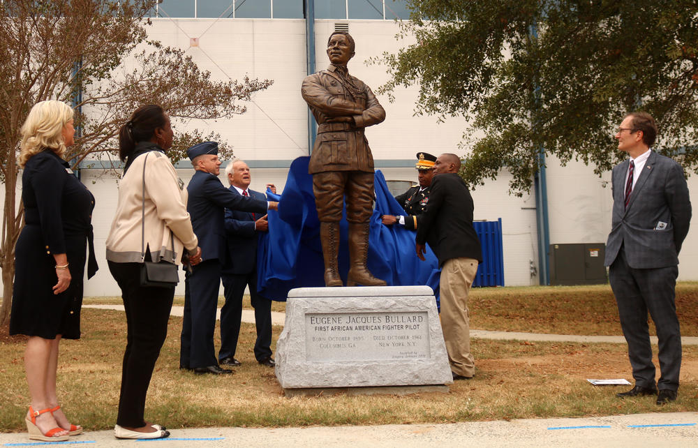 The Eugene Bullard statue at Warner Robbins Air Force Base, he was the world's first African American fighter pilot. 