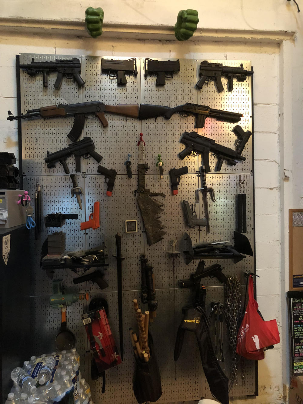 In Elizabeth's stunt studio in Atlanta, there is an armory on one of the walls with a wide variety of fake weapons.