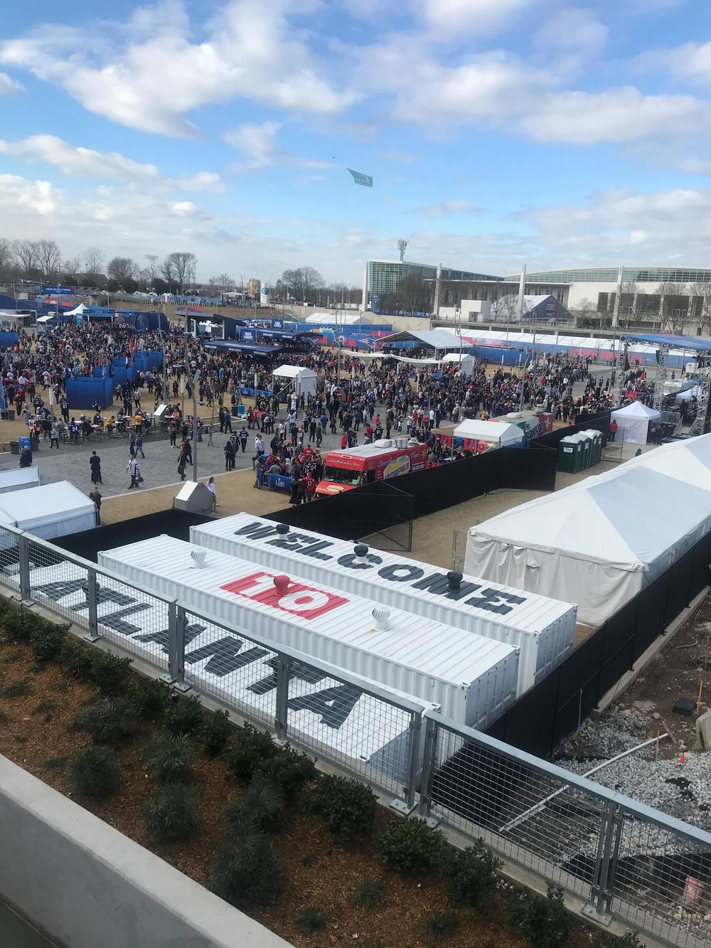 The fan experience in the Home Depot Backyard behind Mercedes-Benz Stadium on Super Bowl Sunday.