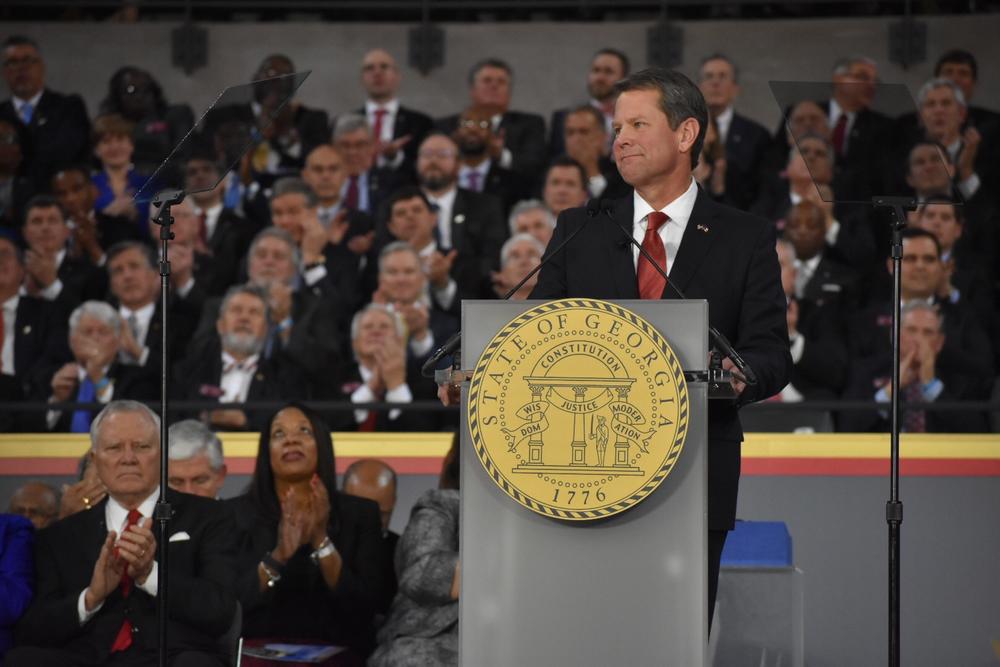Gov. Brian Kemp delivers remarks following his swearing in during the inaugrual ceremonies at Georgia Tech's McCamish Paviliion in Atlanta.