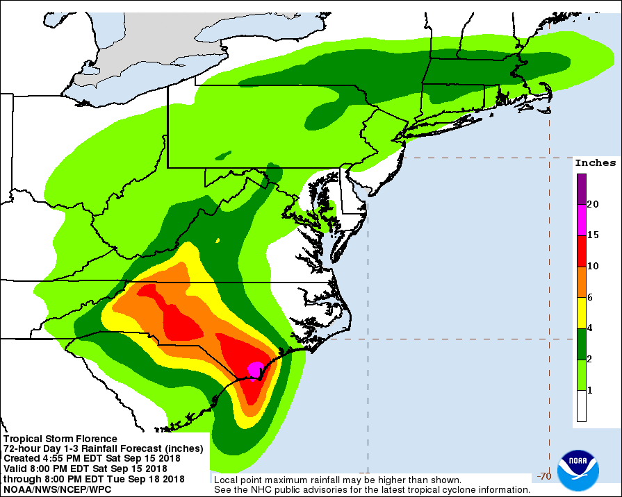 Predicted rainfall from Hurricane Florence. 