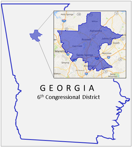 Georgia's 6th Congressional District includes Cobb County, Northern Fulton County and parts of Dekalb County.