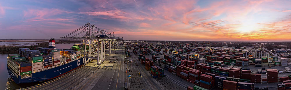 Ship-to-shore cranes load and unload vessels at the Georgia Ports Authority Garden City Terminal, in Savannah, Ga.