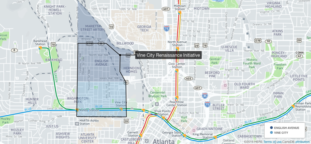 The coverage area of the Vine City Renaissance Initiative in the English Avenue and Vine City neighborhoods.