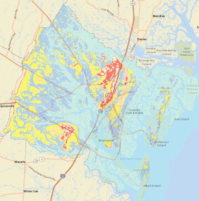 This map shows areas of Glynn County that would flood in a storm surge.
