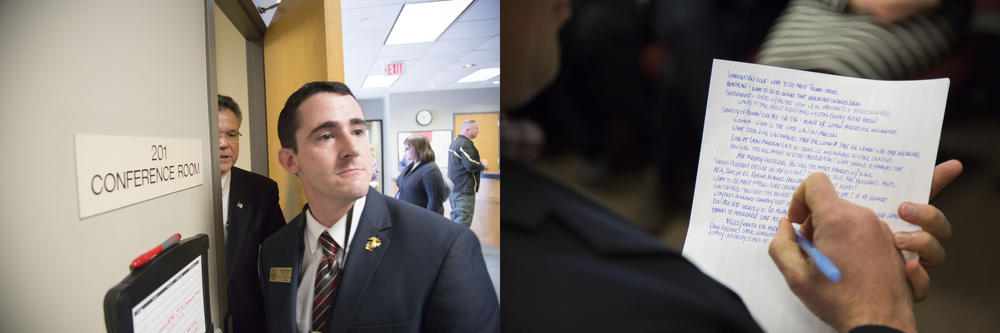 Congressional workers try to control the flow of people into their meeting, left, and take notes on the larger meeting, right. 
