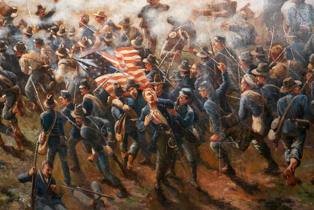 This portion of the painting depicts a moment where Confederate troops captured a Union battery and crossed enemy lines. Ultimately, the United States army would recapture the battery and win the battle. 