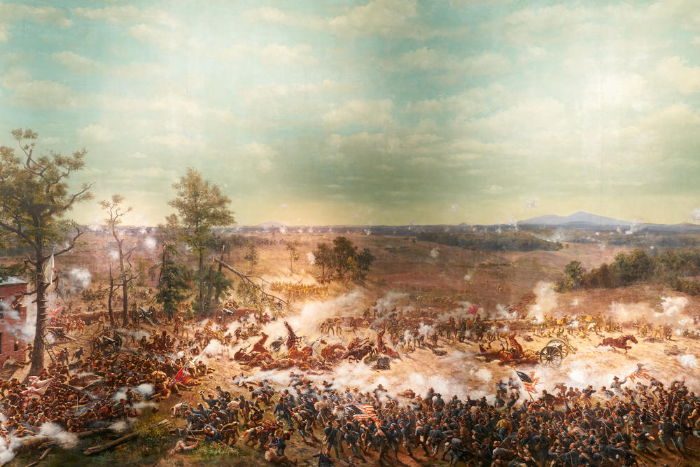 This portion of the painting depicts a moment where Confederate troops captured a Union battery and crossed enemy lines. Ultimately, the United States army would recapture the battery and win the battle. 