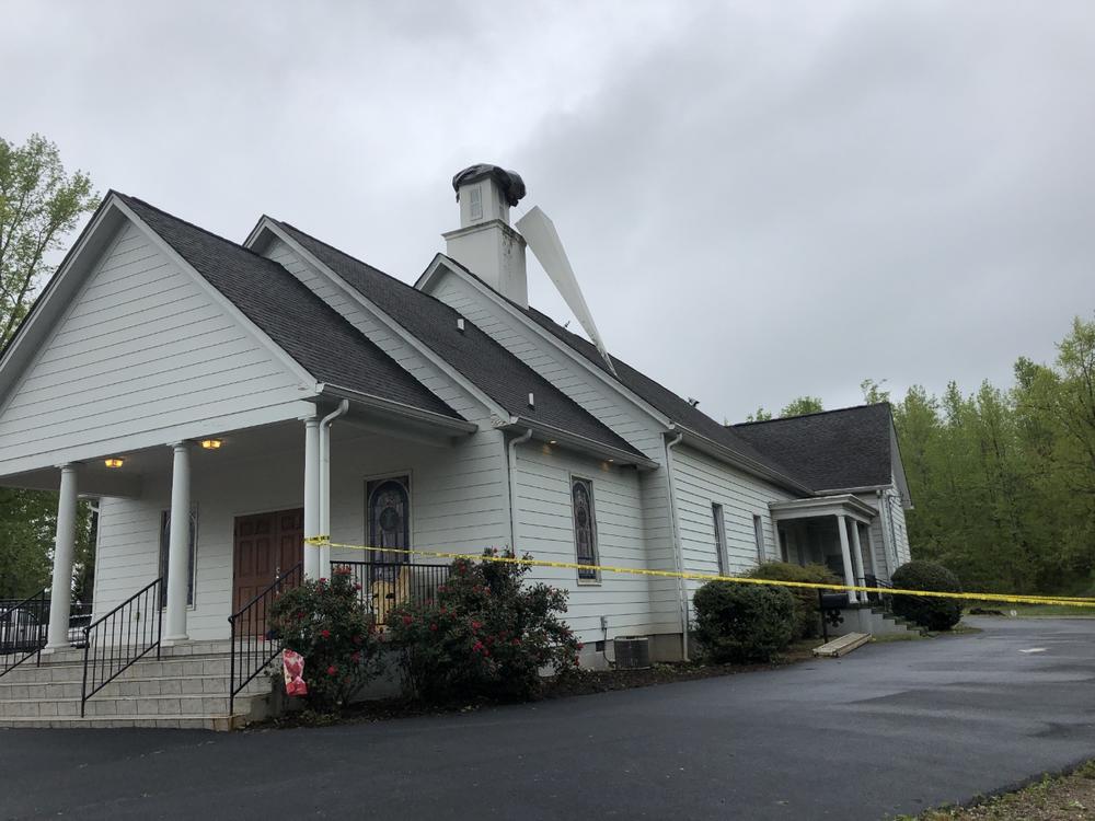 A spire was blown off a Hall County church during the storm.