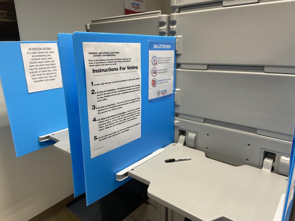 A voting booth is equipped with a Sharpie and instructions to use hand-marked paper ballots on March 24.