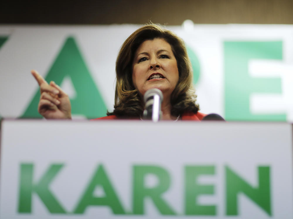 Republican candidate for Georgia's Sixth Congressional seat Karen Handel updates supporters on early results at an election night watch party in Roswell, Ga., Tuesday, April 18, 2017.