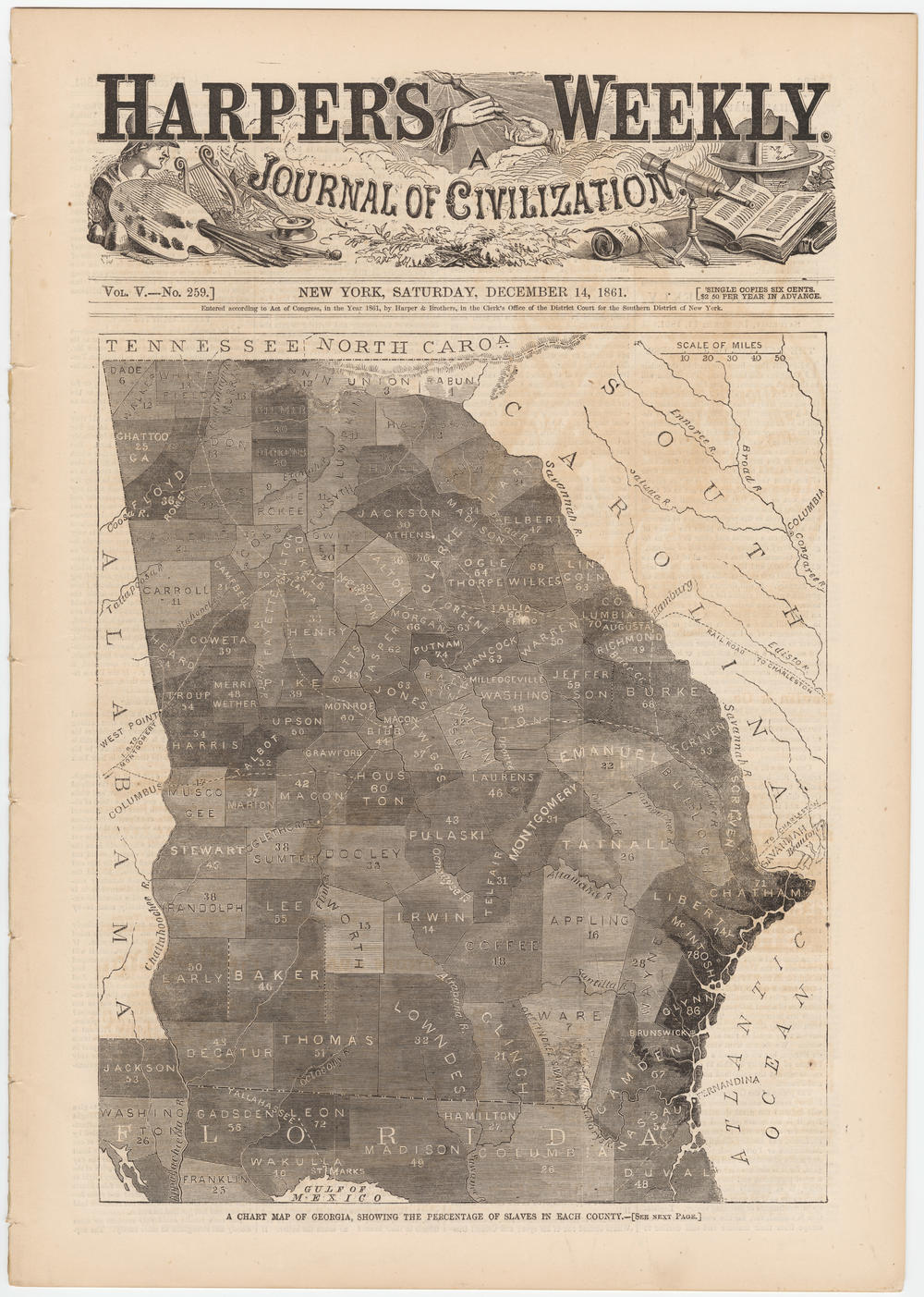 Georgia Slavery Map from 1861 published in Harper's Weekly, December 14, 1961, about a decade after a slave named Ellick was hanged in Lawrenceville for killing a man in self-defense.