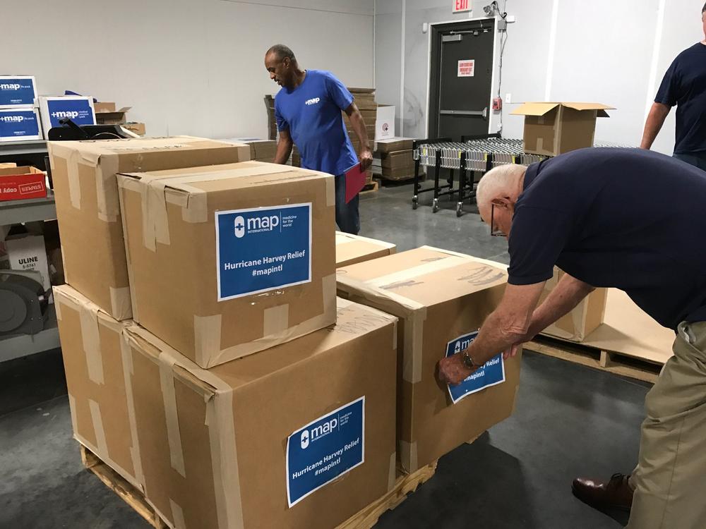 Disaster health kits are prepared for victims of Hurricane Harvey.
