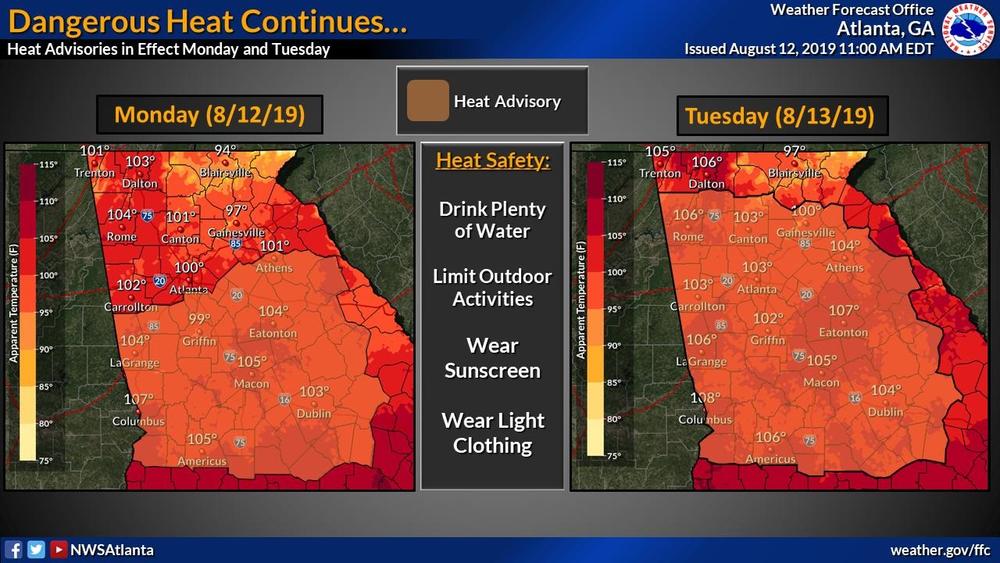 A heat advisory is in effect for most of Georgia through Tuesday.