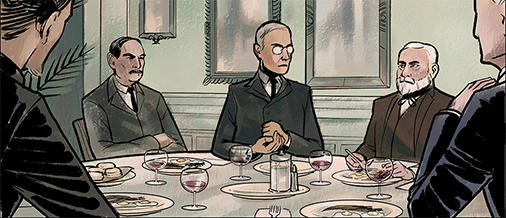 President Woodrow Wilson (c) and industrialist Andrew Carnegie (r) help stop a terrorist group that threatens the world in the graphic novel 