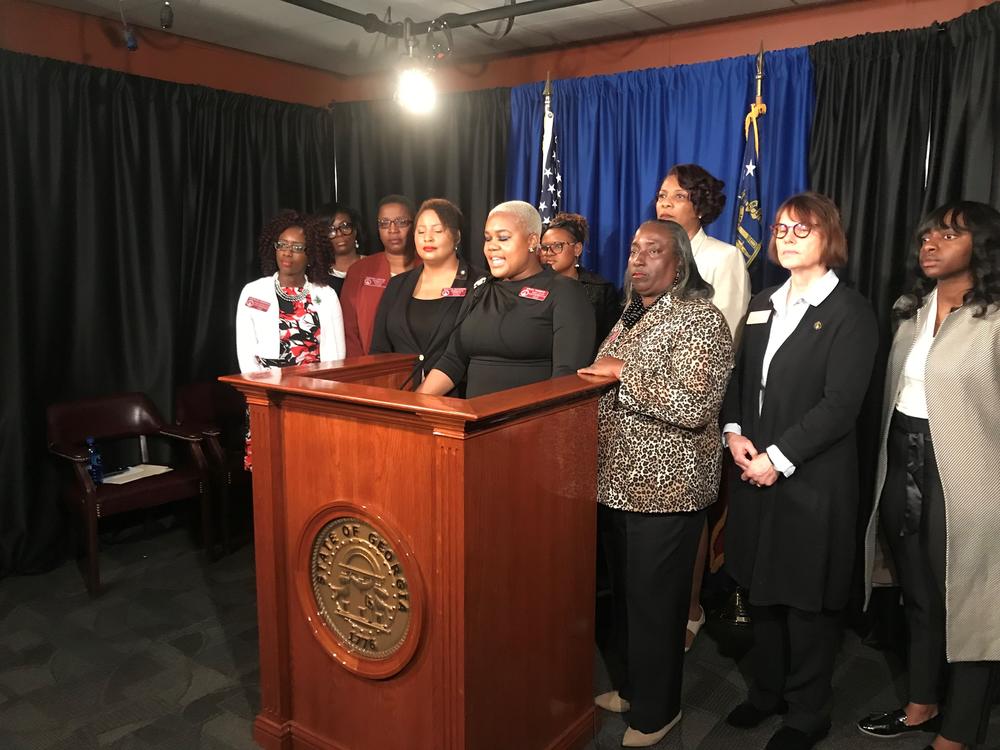 Georgia House Democrats hold a press conference to speak out against Senate Bill 77, which would give added protections to Confederate monuments. 