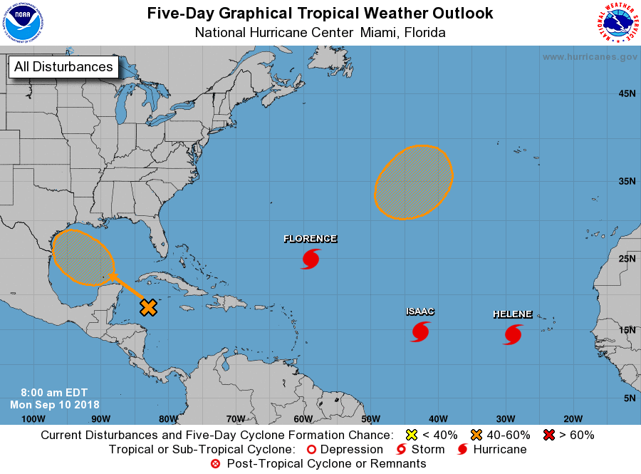 Two named storms trail behind Hurricane Florence in the Atlantic on Sept. 10, 2018.