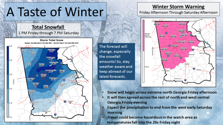 A Winter Storm Watch has been issued for north and parts of central Georgia late Friday into early Saturday. Low pressure will move across the northern Gulf of Mexico, bringing deep moisture to much of Georgia.
