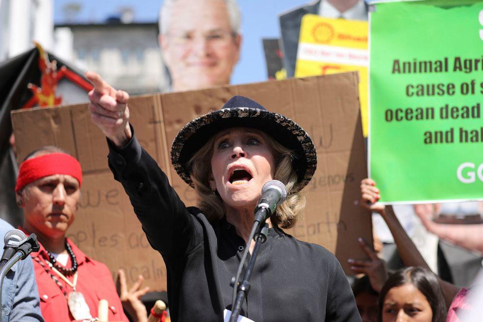  Actress and activist Jane Fonda talks to a crowd of protestors at a global climate rally in downtown Los Angeles in September. Today's protest was at the United State's Capitol where she was arrested.