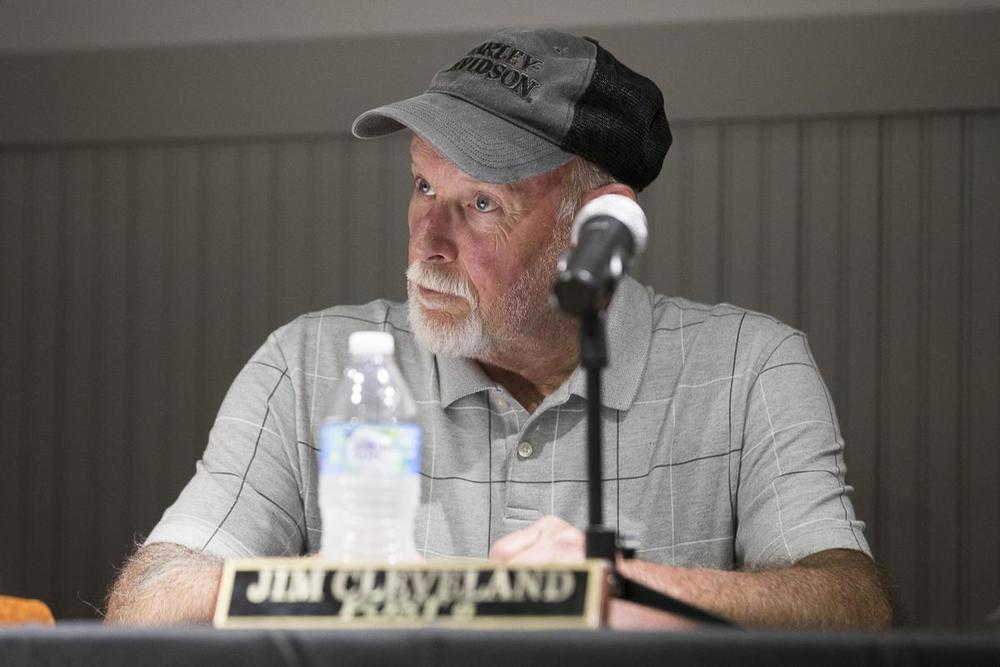 Hoschton City Councilman Jim Cleveland listens during a city council meeting at the Hoschton Historic Train Depot in Hoschton, Ga., Monday, May 6, 2019.