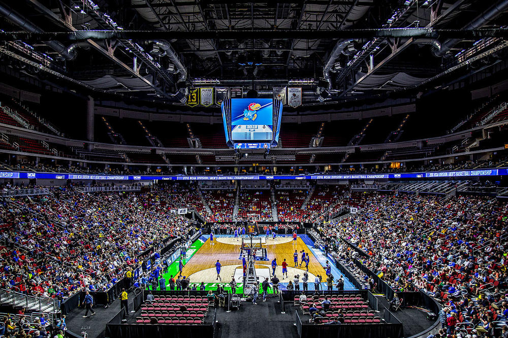 The Kansas Jayhawks prepare for a March Madness game at the Wells Fargo Arena in Iowa in March of 2016.