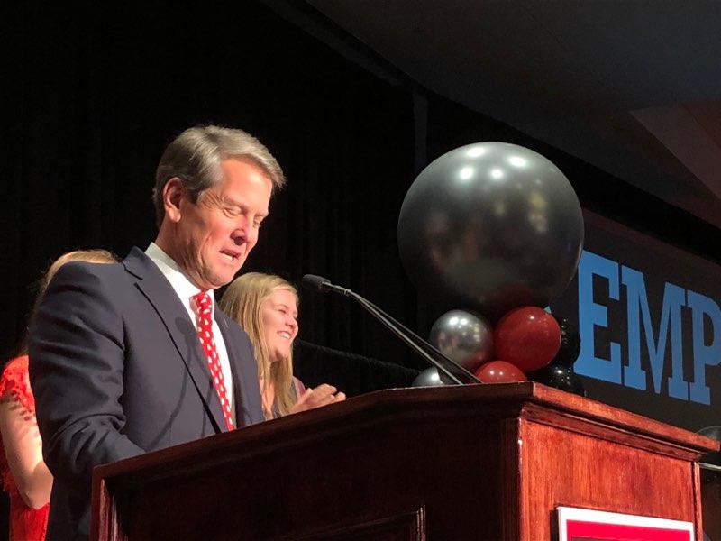 Brian Kemp speaks to supporters at an election night watch party in Athens.