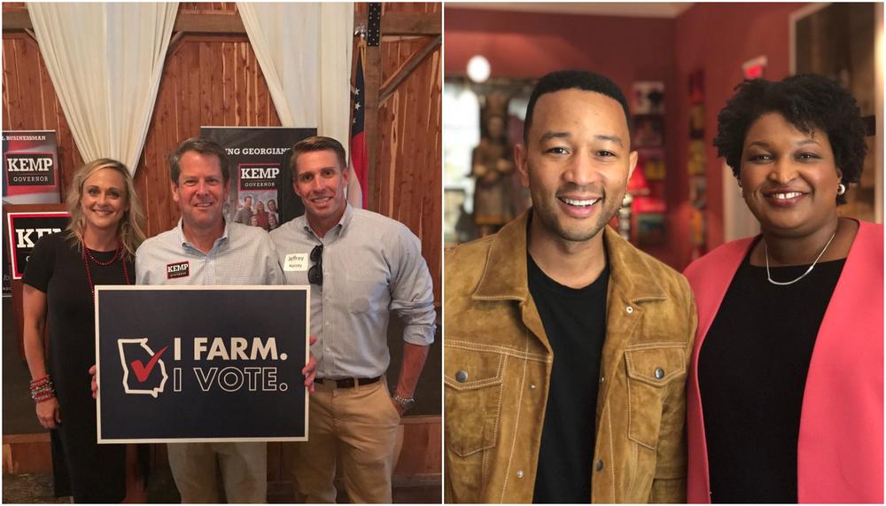 Left, Brian Kemp poses with supporters in Middle Georgia. RIght, Stacey Abrams poses with singer-songwriter John Legend