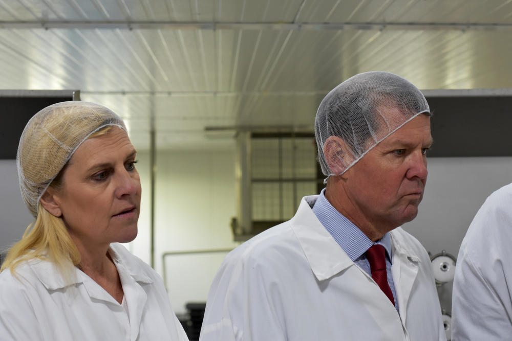 Gov. Brian Kemp and his wife Marty tour the new Claxton Poultry facility in Sylvania, about three hours southeast of Atlanta. Kemp made the visit as part of his "Georgia Made" tour.