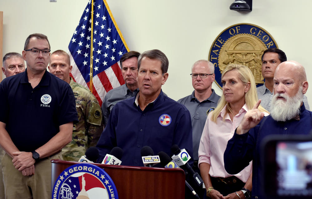 Gov. Brian Kemp delivers a briefing at the Georgia Emergency Management Agency. 
