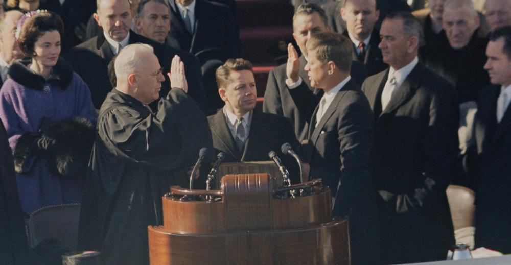 U.S. Supreme Court Chief Justice Earl Warren administered the oath of office to President John F. Kennedy on Jan. 20, 1961.
