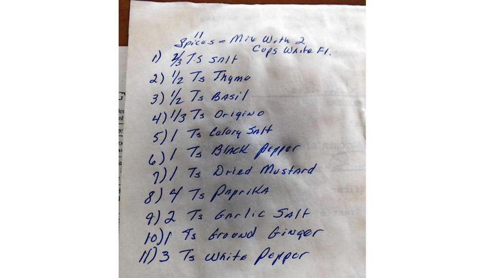 The handwritten list of 11 herbs and spices, jotted down on the back of a document Joe Ledington described as the will for Claudia Sanders, the Colonel's second wife.