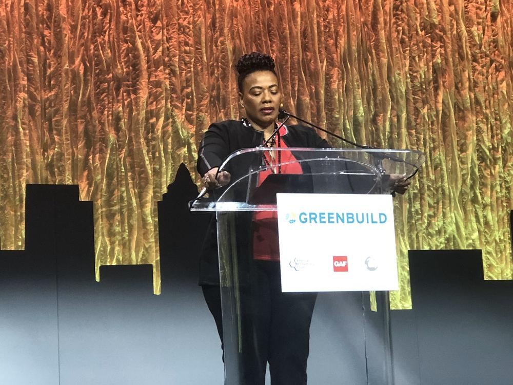 Bernice King speaking Tuesday at the Greenbuild Conference in Atlanta. 