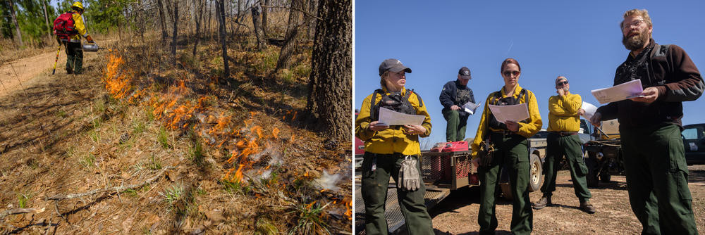 A firefighter burns the edges of the prescribed burn with a drip torch, left. Nathan Klaus, right, briefs a burn crew before the main event at Sprewell Bluff. 