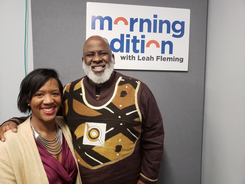 Leah Fleming (left) and GSU professor Akinyele Umoja (right) pose at the GPB-Atlanta studio. 