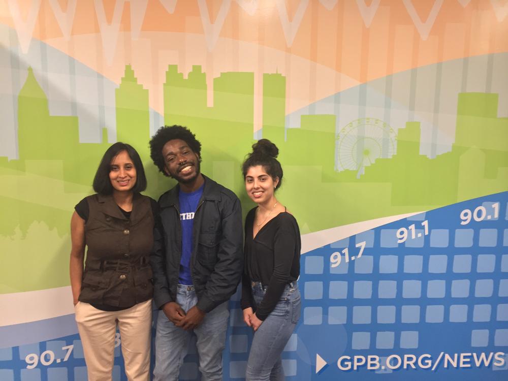Oglethorpe University professor Reshmi Hebbar (left) challenges students Caleb Logan (center) and Yasmin Tehrani's notions of identity in a course called 