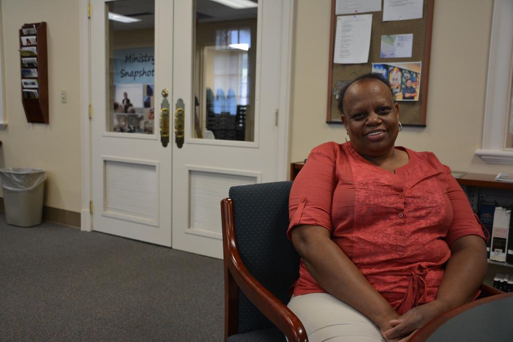 Lucile Perry sharing her story during her lunch break.