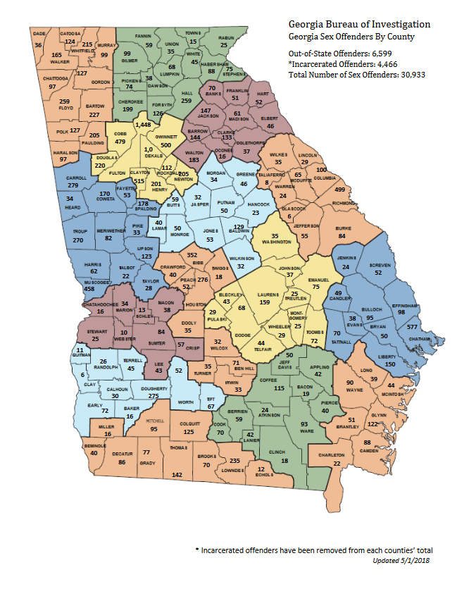 Georgia sex offenders by county as of May 1, 2018.