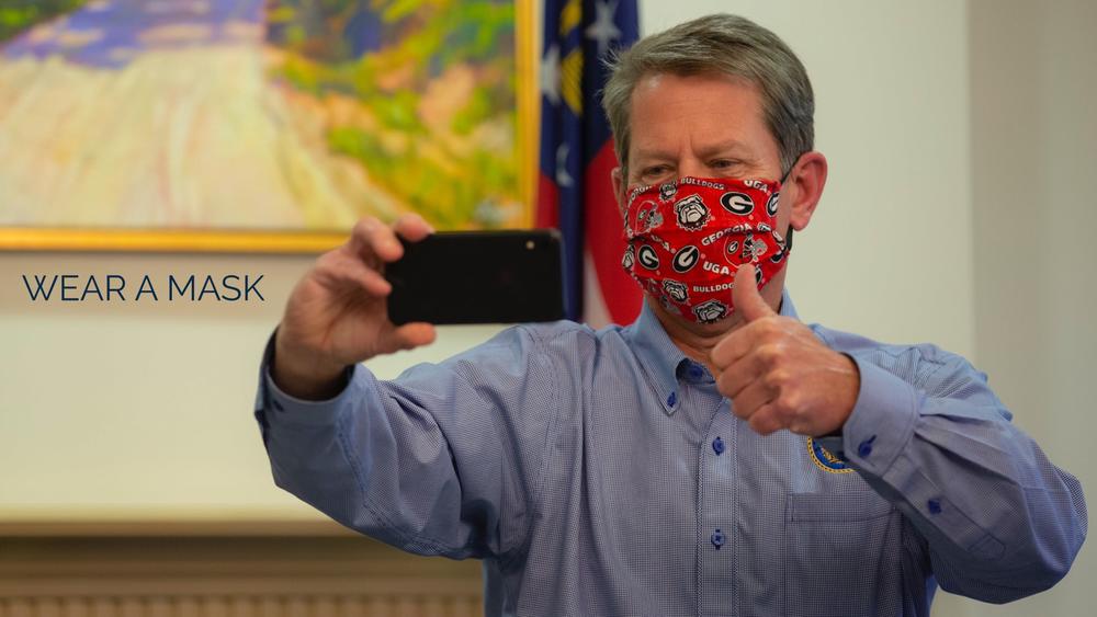 Gov. Brian Kemp shared a photo to Twitter of himself in a cloth face mask Monday, June 29, 2020.