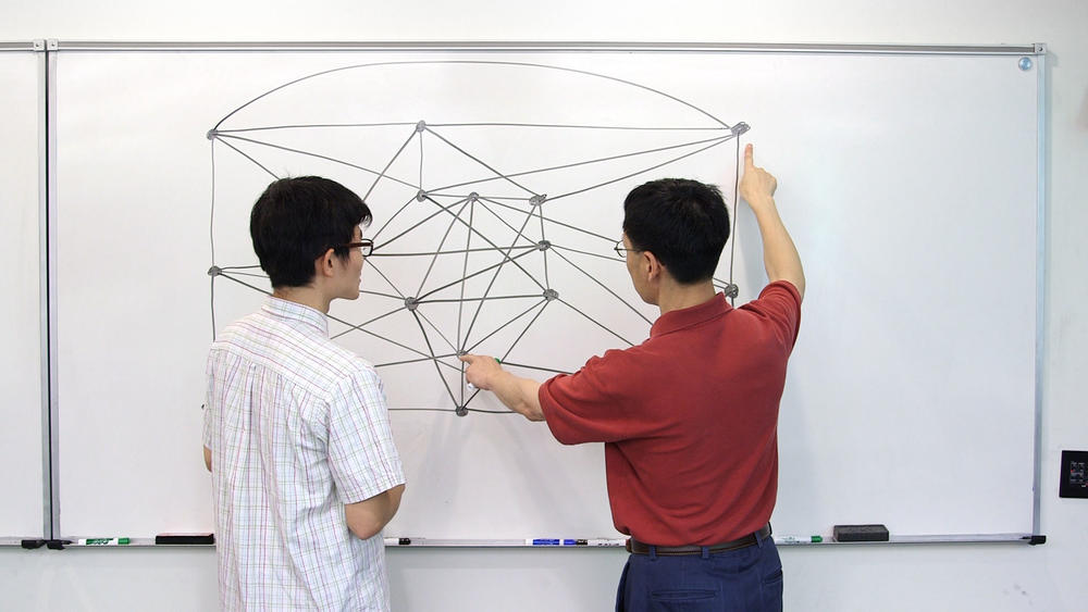 Yan Wang (left) and Xingxing Yu (right) at the whiteboard.
