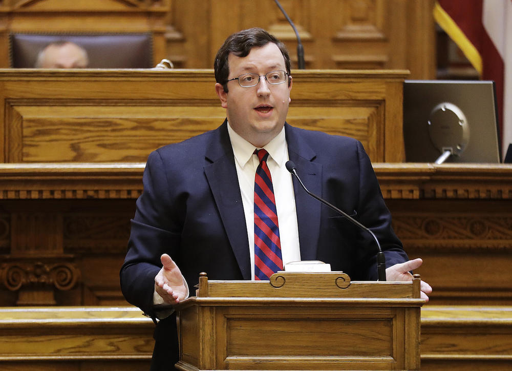 Georgia Sen. Josh McKoon, R - Columbus, speaks in favor of a bill allowing concealed handguns on public college campuses at the Capitol in Atlanta, Tuesday, March 28, 2017.