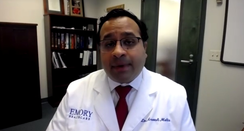 Dr. Aneesh Mehta, associate professor in the division of infectious diseases at Emory University School of Medicine updates press during a Zoom conference April 29, 2020.