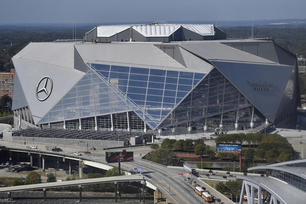 Home of the NFL football Atlanta Falcons and the MLS soccer team, Atlanta United, the Mercedes-Benz stadium is seen, Wednesday, Oct. 4, 2017, in Atlanta. 