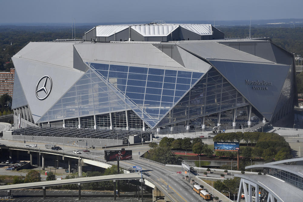 Home of the NFL football Atlanta Falcons and the MLS soccer team, Atlanta United, the Mercedes-Benz stadium is seen, Wednesday, Oct. 4, 2017, in Atlanta.