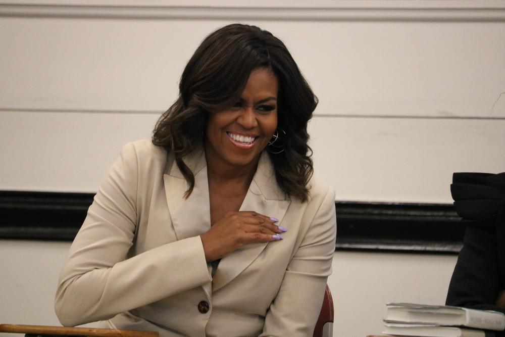 Former first lady Michelle Obama makes a surprise visit to Spelman College in Atlanta on Saturday, May 11.