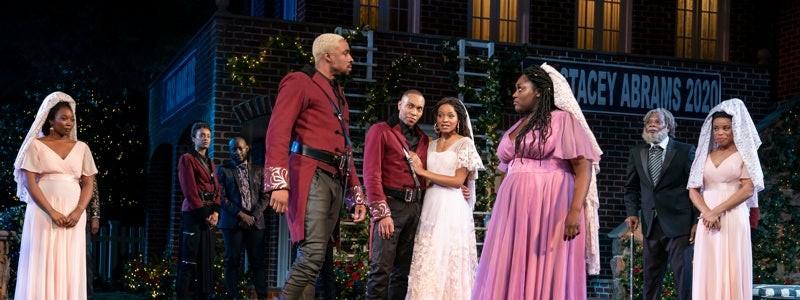 Set of  Kenny Leon's adaptation of Much Ado About Nothing, now playing in New York, features a campaign poster promoting, "Stacey Abrams 2020".