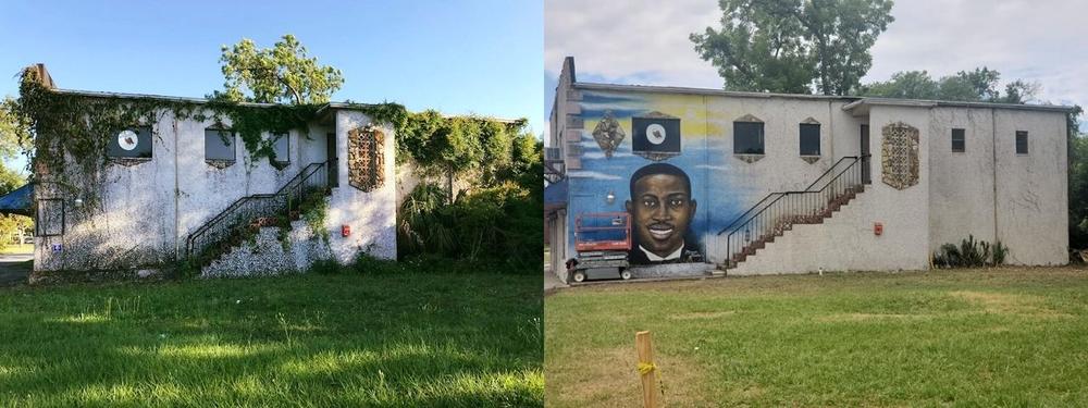 Volunteers cleaned up the building and future site of the Brunswick African-American Cultural Center, now home to a mural of Ahmaud Arbery