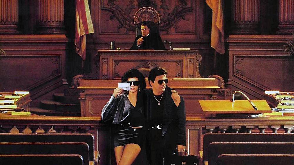 A still from 'My Cousin Vinny' featuring Marisa Tomei, Joe Pesci, and Fred Gwynne.